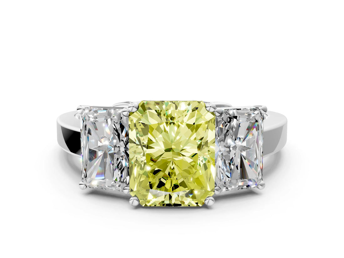 White gold Three-Stone Fancy Yellow Radiant Cut Cut Diamond Engagement Ring with Flat Band and Four-Prong Setting_12