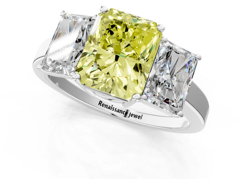 White gold Three-Stone Fancy Yellow Radiant Cut Cut Diamond Engagement Ring with Flat Band and Four-Prong Setting_1
