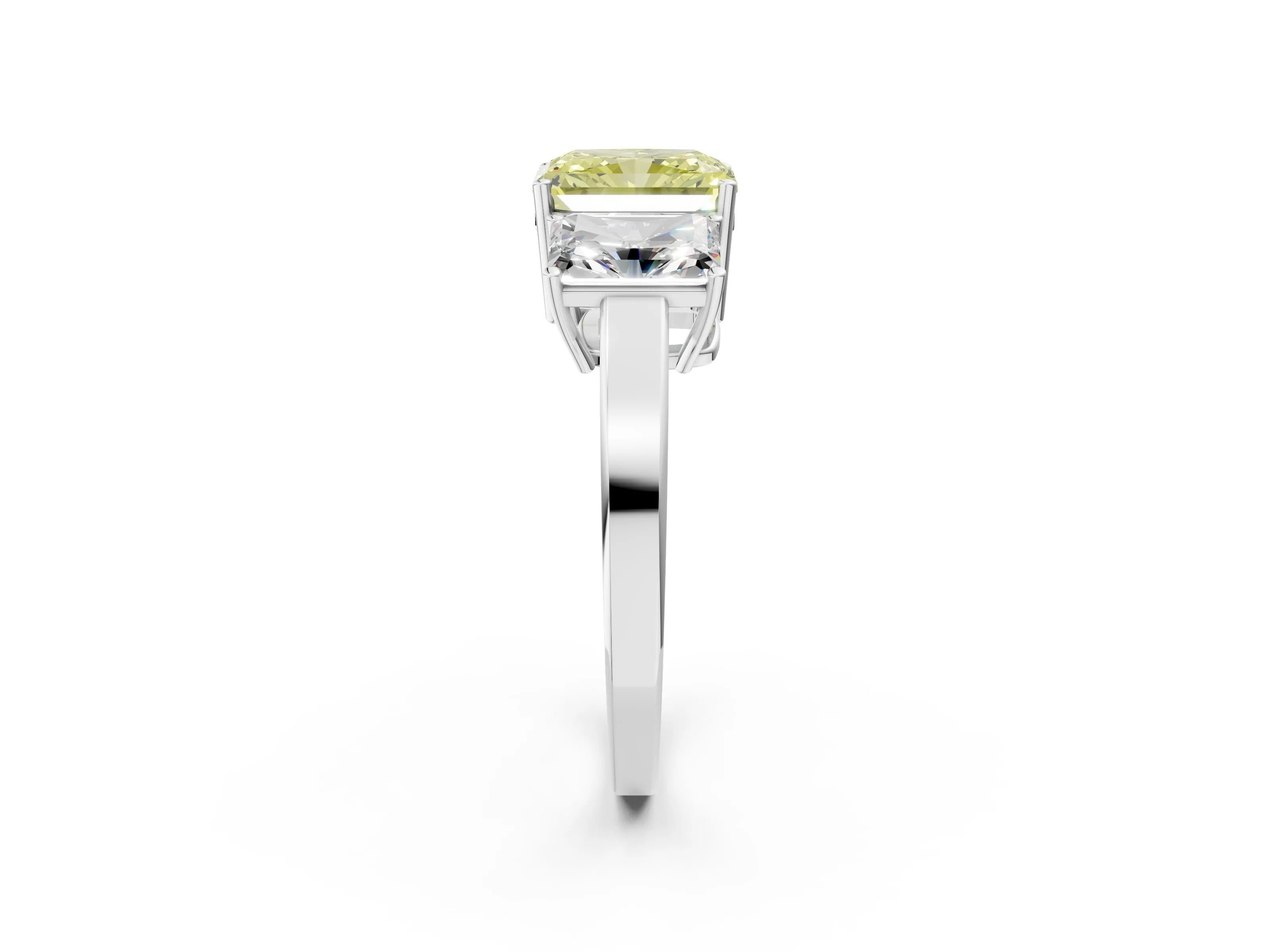 White gold Three-Stone Fancy Yellow Radiant Cut Cut Diamond Engagement Ring with Flat Band and Four-Prong Setting_2