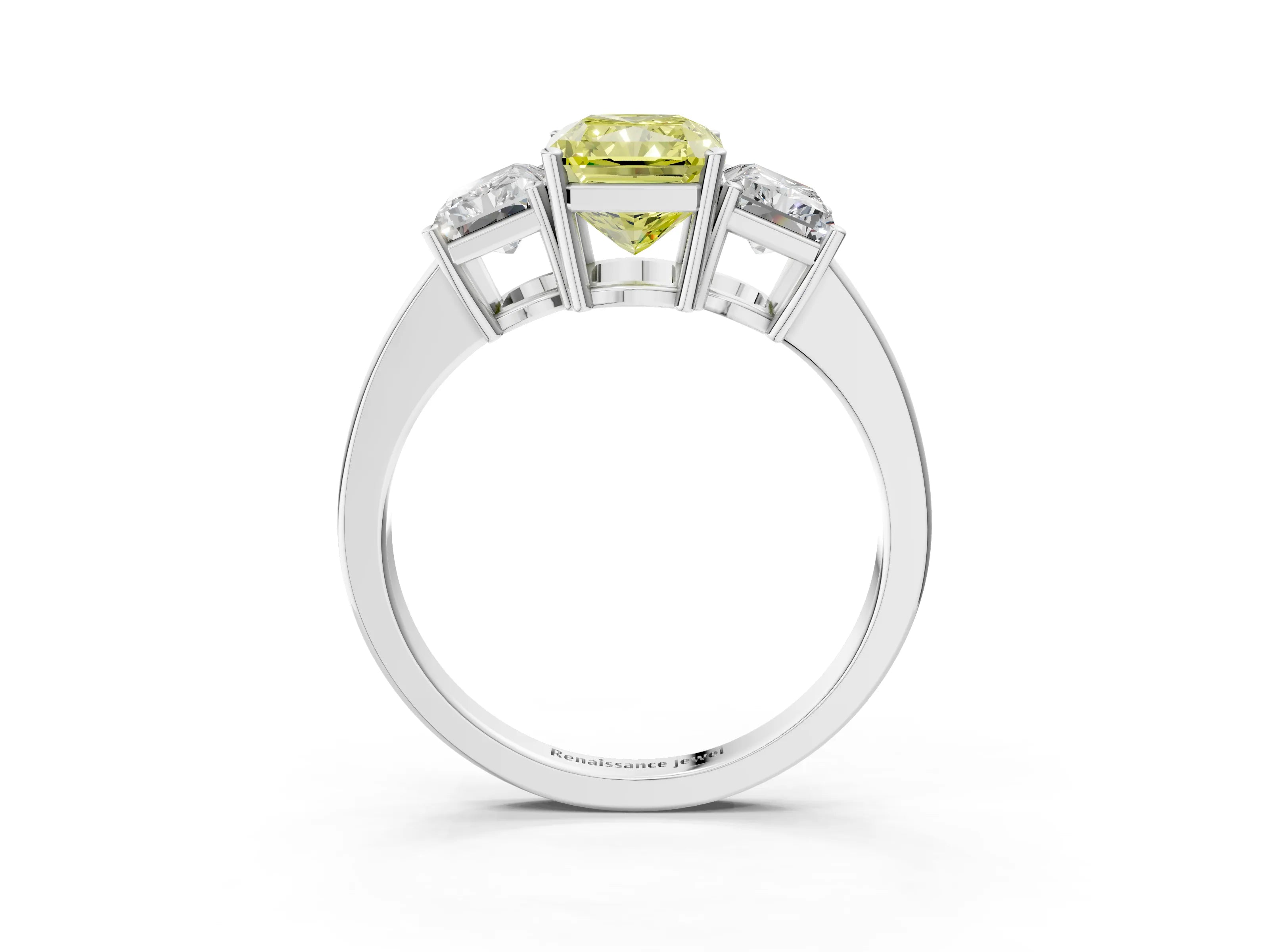 White gold Three-Stone Fancy Yellow Radiant Cut Cut Diamond Engagement Ring with Flat Band and Four-Prong Setting_3