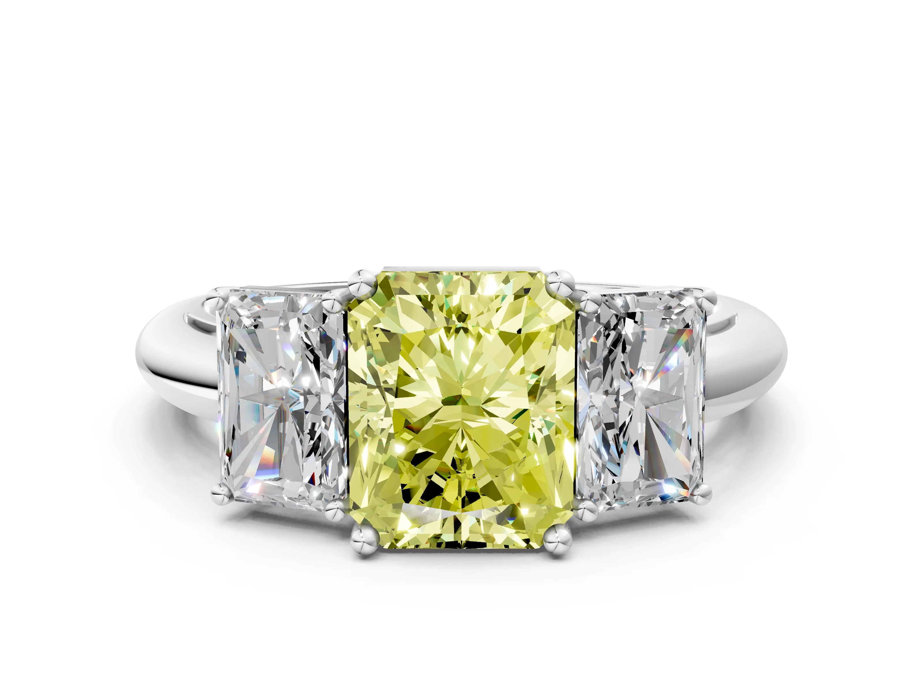 White gold Three-Stone Fancy Yellow Radiant Cut Cut Diamond Engagement Ring with Prong Setting on a White Gold Band_12