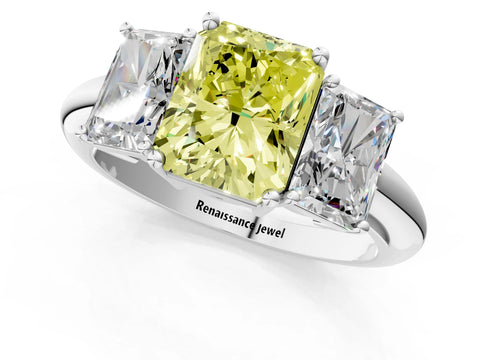White gold Three-Stone Fancy Yellow Radiant Cut Cut Diamond Engagement Ring with Prong Setting on a White Gold Band_13