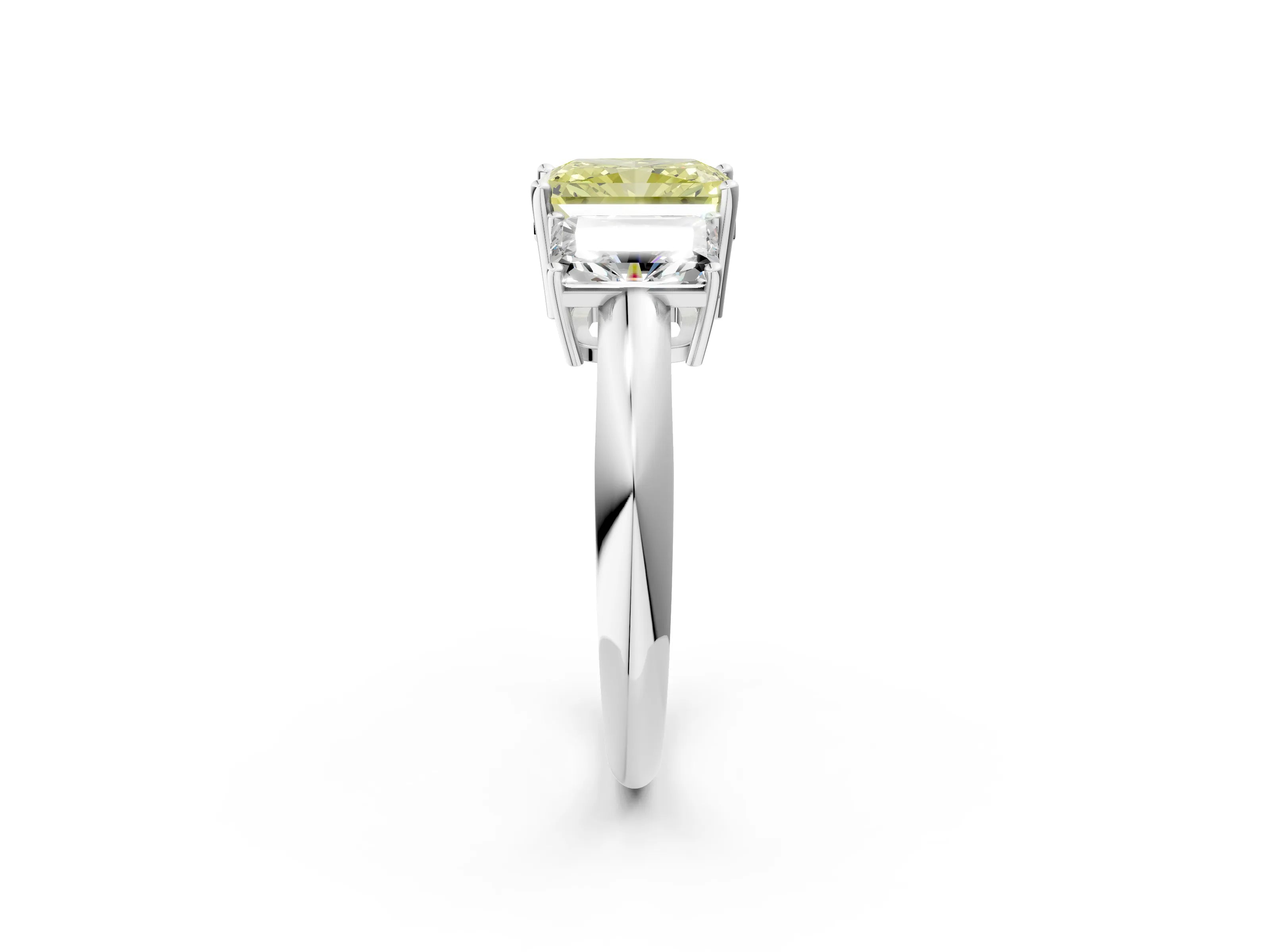 White gold Three-Stone Fancy Yellow Radiant Cut Cut Diamond Engagement Ring with Prong Setting on a White Gold Band_14