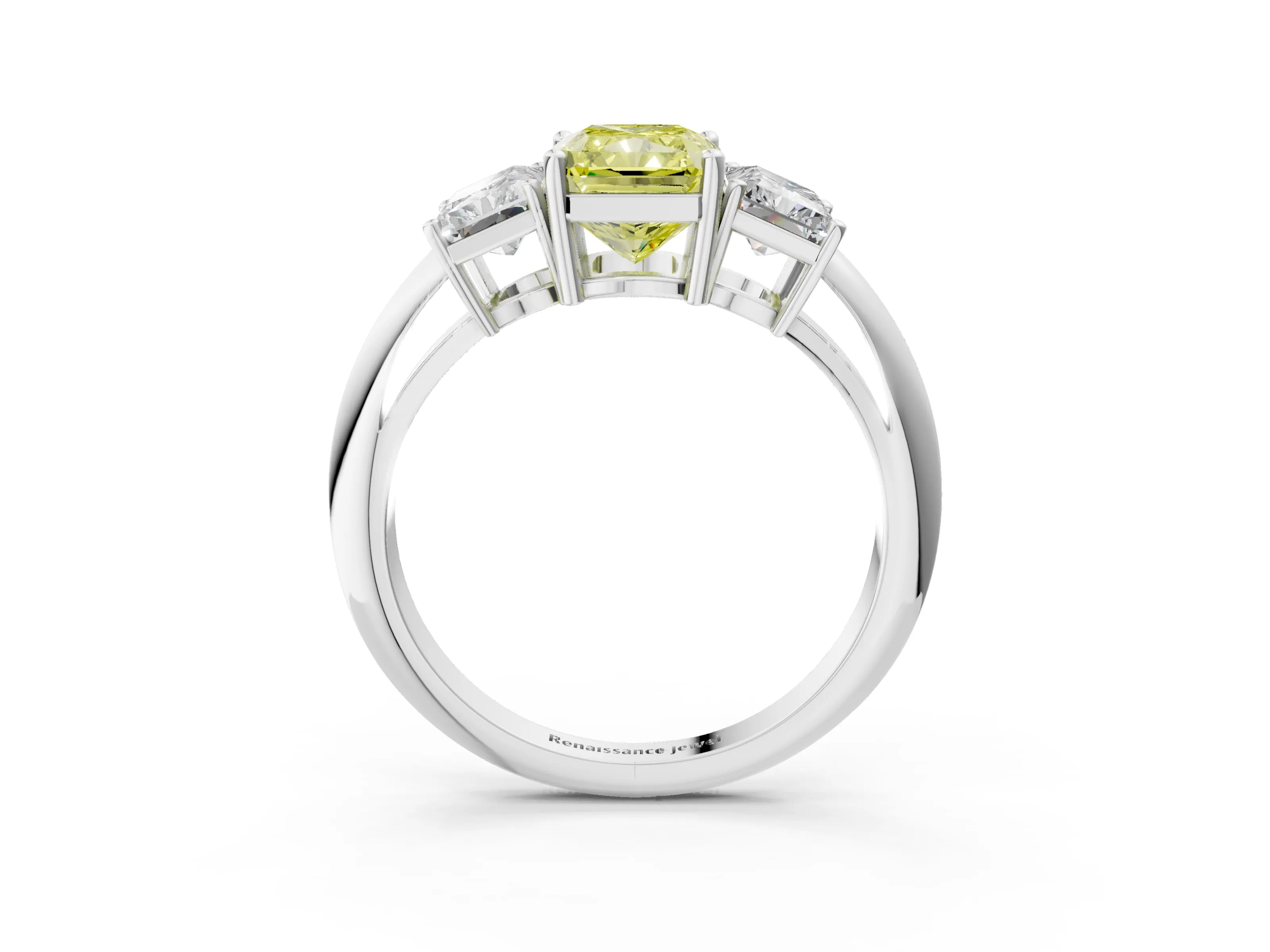 White gold Three-Stone Fancy Yellow Radiant Cut Cut Diamond Engagement Ring with Prong Setting on a White Gold Band_15