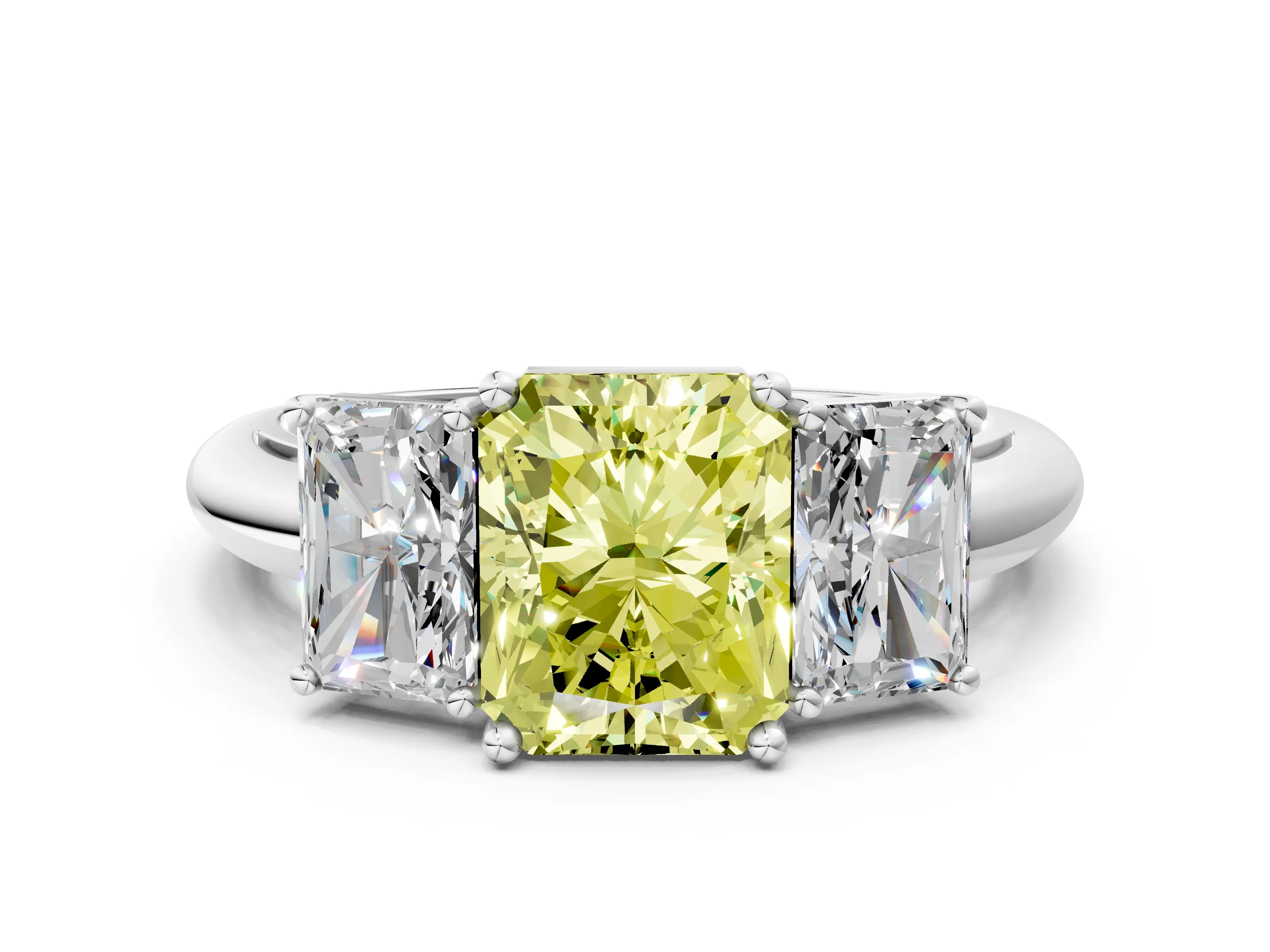 White gold Three-Stone Fancy Yellow Radiant Cut Cut Diamond Engagement Ring with Prong Setting on a White Gold Band_36