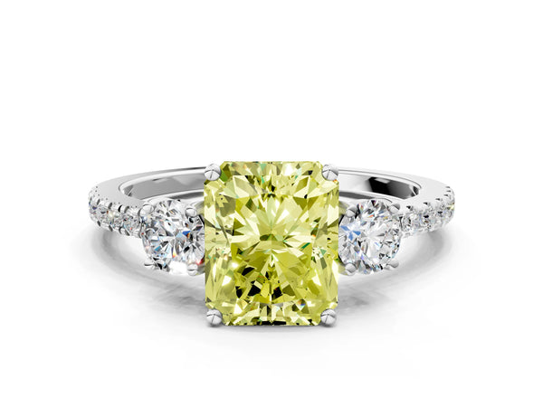 Platinum Three-Stone Fancy Yellow Radiant Cut Cut Diamond Pavé Band with Prong Setting