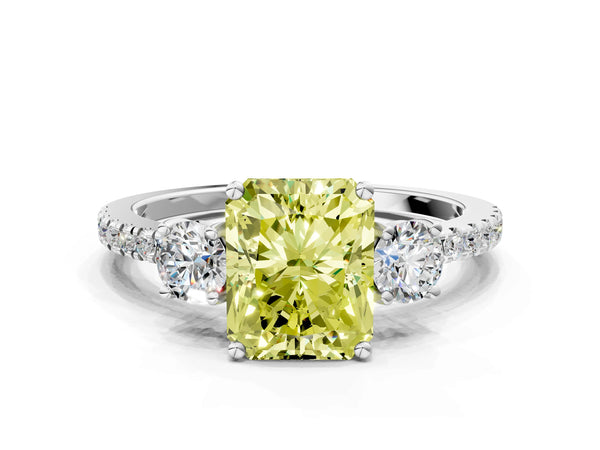 Platinum Three-Stone Fancy Yellow Radiant Cut Cut Diamond Pavé Band with Prong Setting