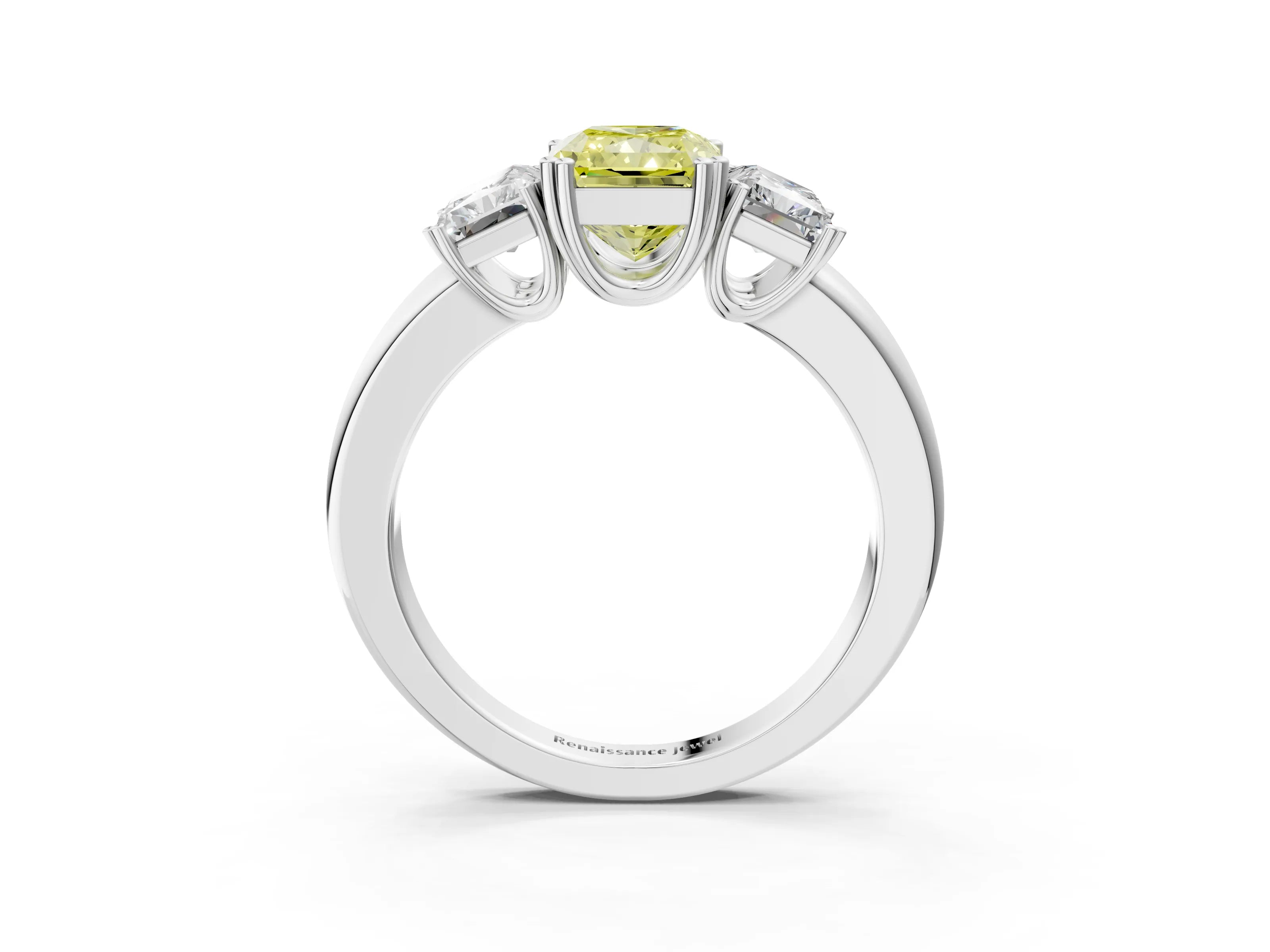 White gold Three-Stone Fancy Yellow Radiant Cut Cut Diamond Ring with Channel Set Band and Four-Prong Setting_3