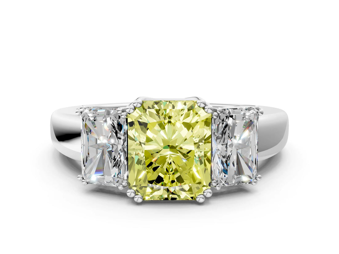 White gold Three-Stone Fancy Yellow Radiant Cut Cut Diamond Ring with Channel Set Band and Four-Prong Setting_60