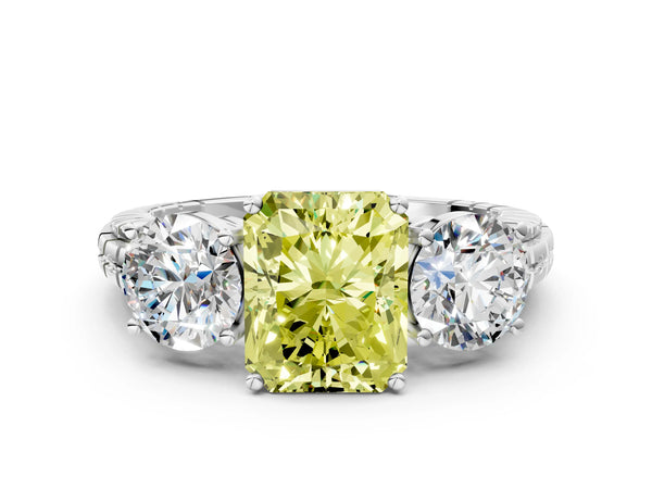 Platinum Three-Stone Fancy Yellow Radiant Cut Cut Diamond Ring with Channel-Set Band and Prong Setting
