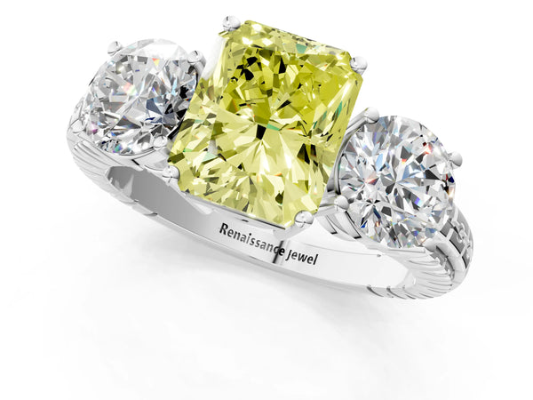 Platinum Three-Stone Fancy Yellow Radiant Cut Cut Diamond Ring with Channel-Set Band and Prong Setting