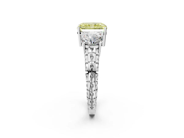 Platinum Three-Stone Fancy Yellow Radiant Cut Cut Diamond Ring with Channel-Set Band and Prong Setting