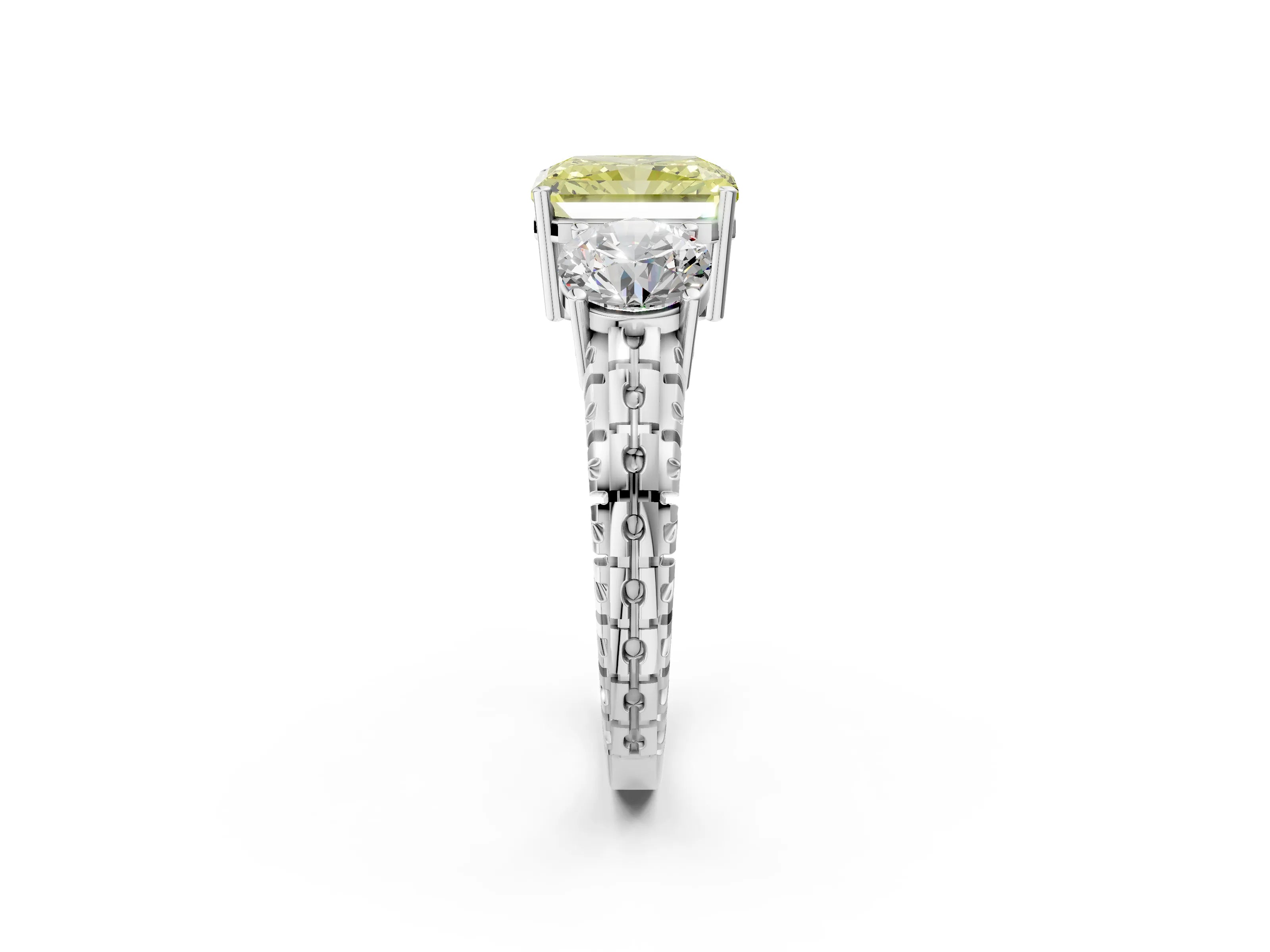 White gold Three-Stone Fancy Yellow Radiant Cut Cut Diamond Ring with Channel-Set Band and Prong Setting_2