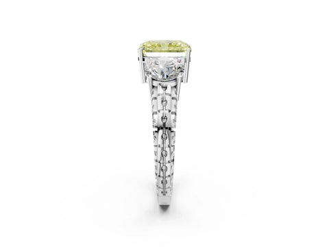 White gold Three-Stone Fancy Yellow Radiant Cut Cut Diamond Ring with Channel-Set Band and Prong Setting_2