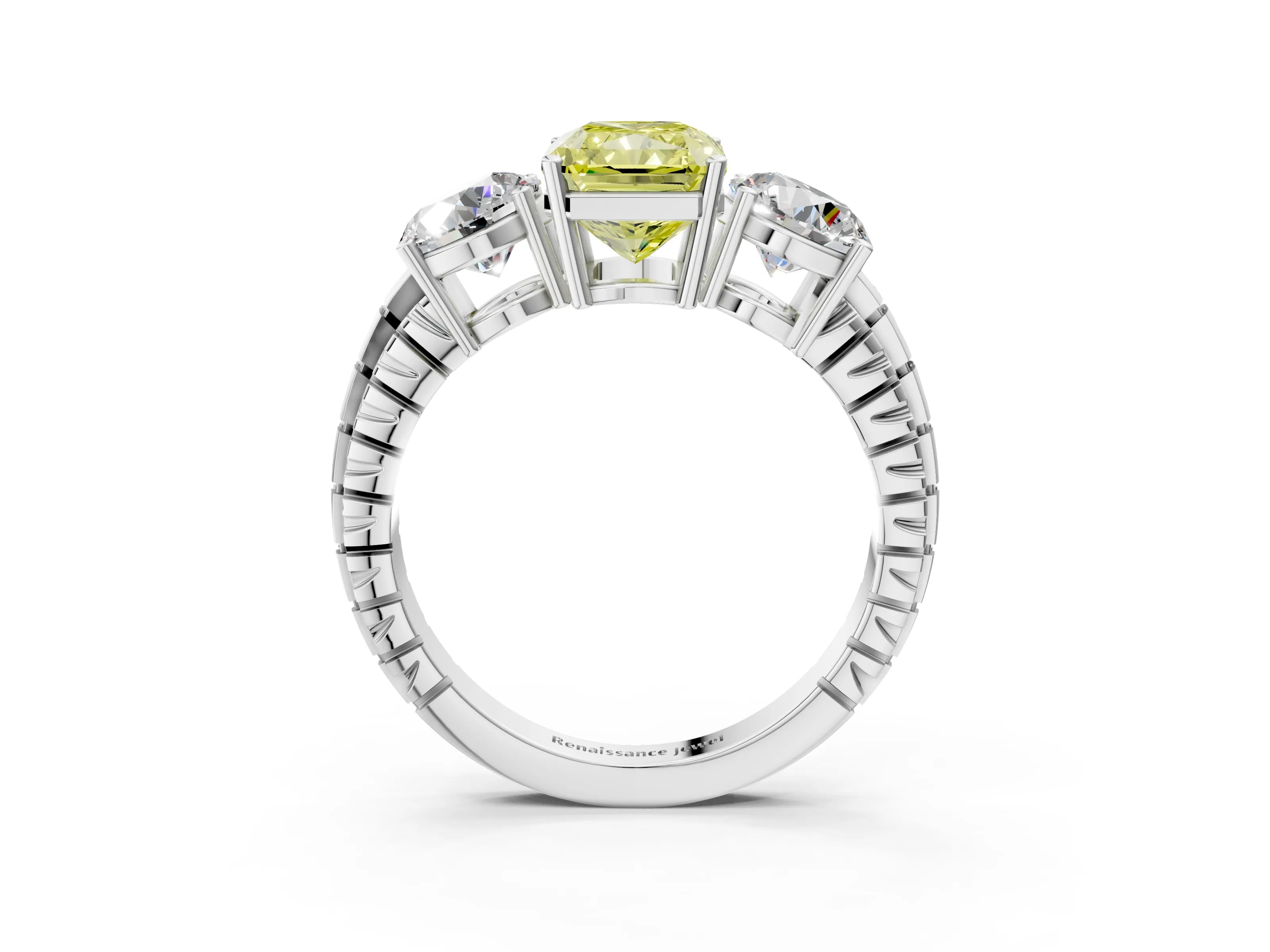 White gold Three-Stone Fancy Yellow Radiant Cut Cut Diamond Ring with Channel-Set Band and Prong Setting_3