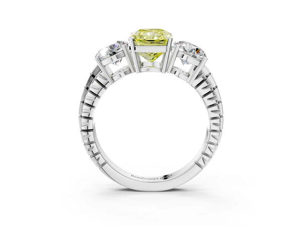 Platinum Three-Stone Fancy Yellow Radiant Cut Cut Diamond Ring with Channel-Set Band and Prong Setting