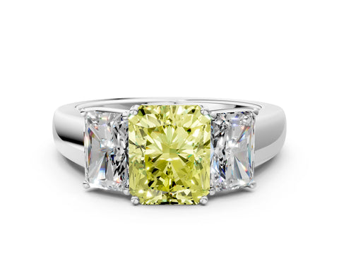 White gold Three-Stone Fancy Yellow Radiant Cut Cut Diamond Ring with Prong Setting and Classic Band