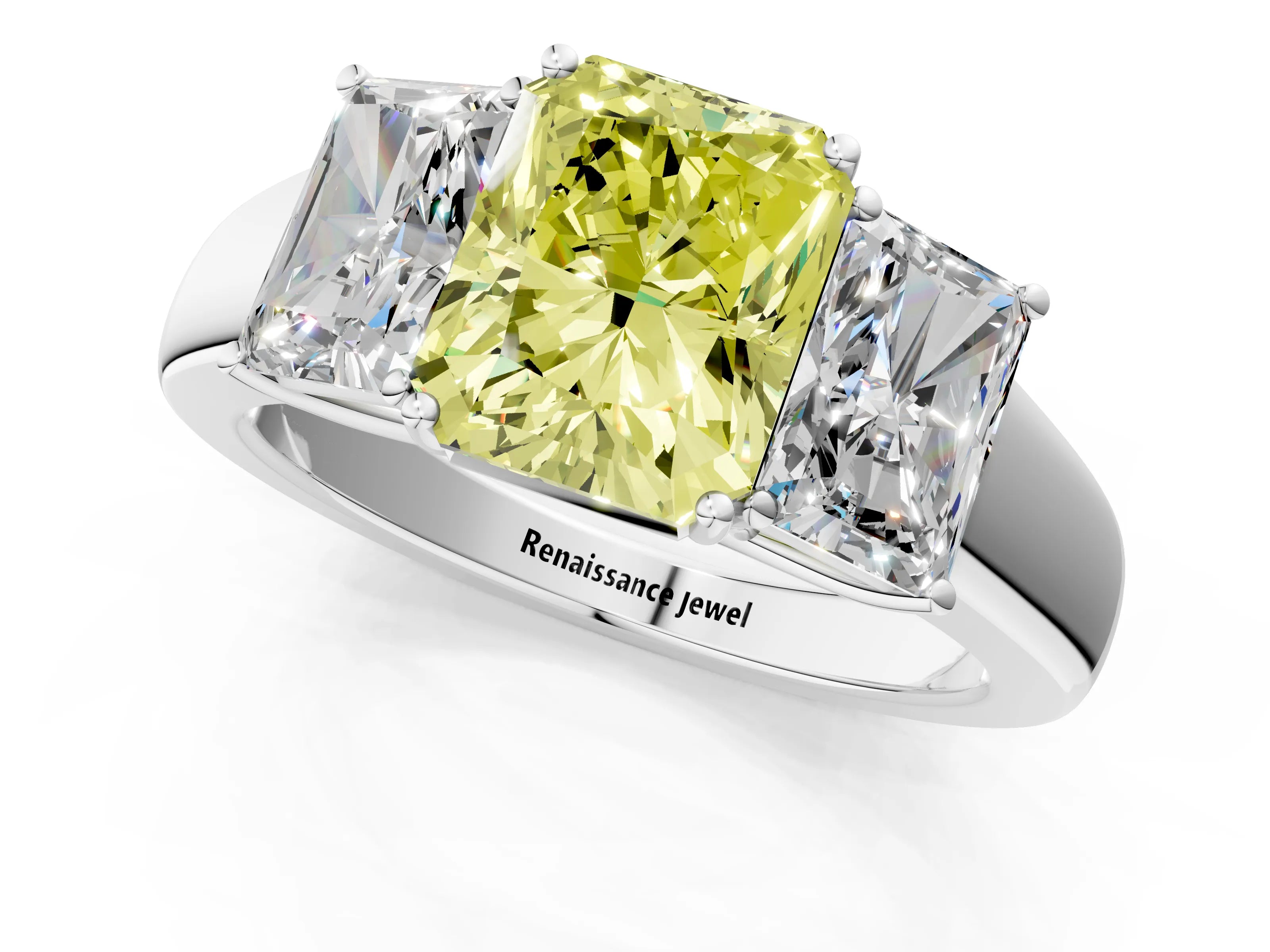 White gold Three-Stone Fancy Yellow Radiant Cut Cut Diamond Ring with Prong Setting and Classic Band_1