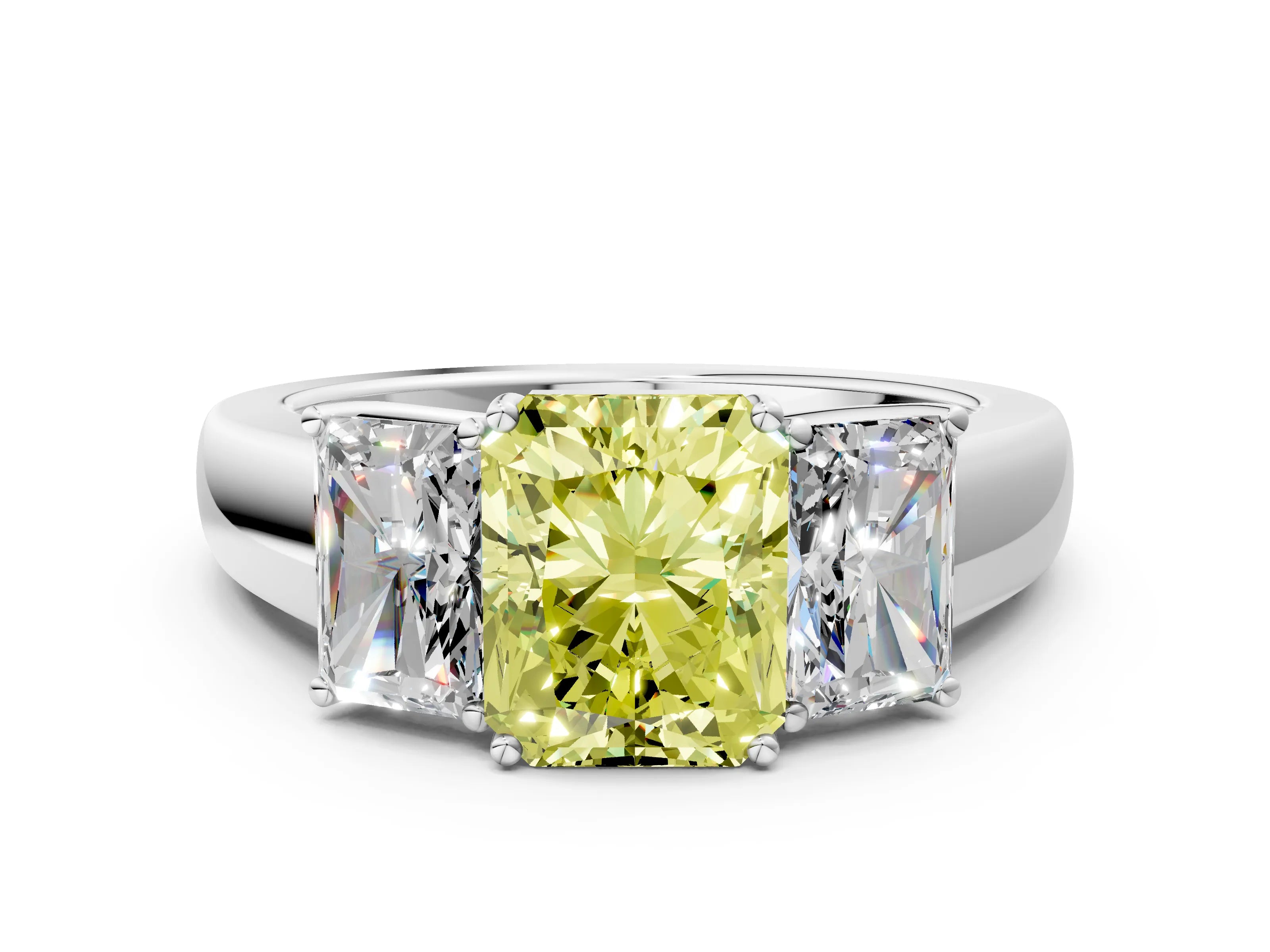White gold Three-Stone Fancy Yellow Radiant Cut Cut Diamond Ring with Prong Setting and Classic Band