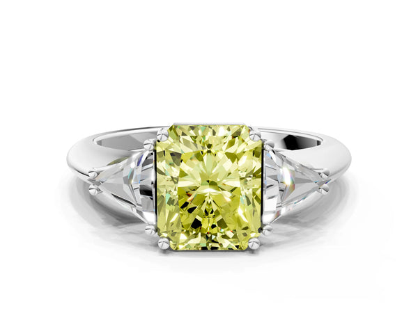 Platinum Three-Stone Fancy Yellow Radiant Cut Cut Diamond Ring with Trillion Side Stones and Four-Prong Setting
