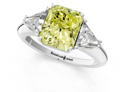 White gold Three-Stone Fancy Yellow Radiant Cut Cut Diamond Ring with Trillion Side Stones and Four-Prong Setting_12