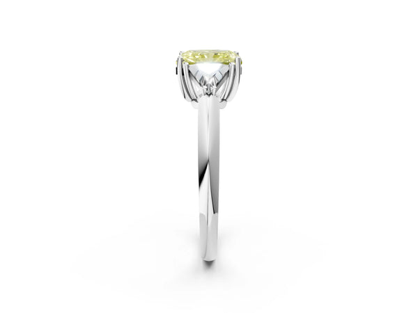 Platinum Three-Stone Fancy Yellow Radiant Cut Cut Diamond Ring with Trillion Side Stones and Four-Prong Setting