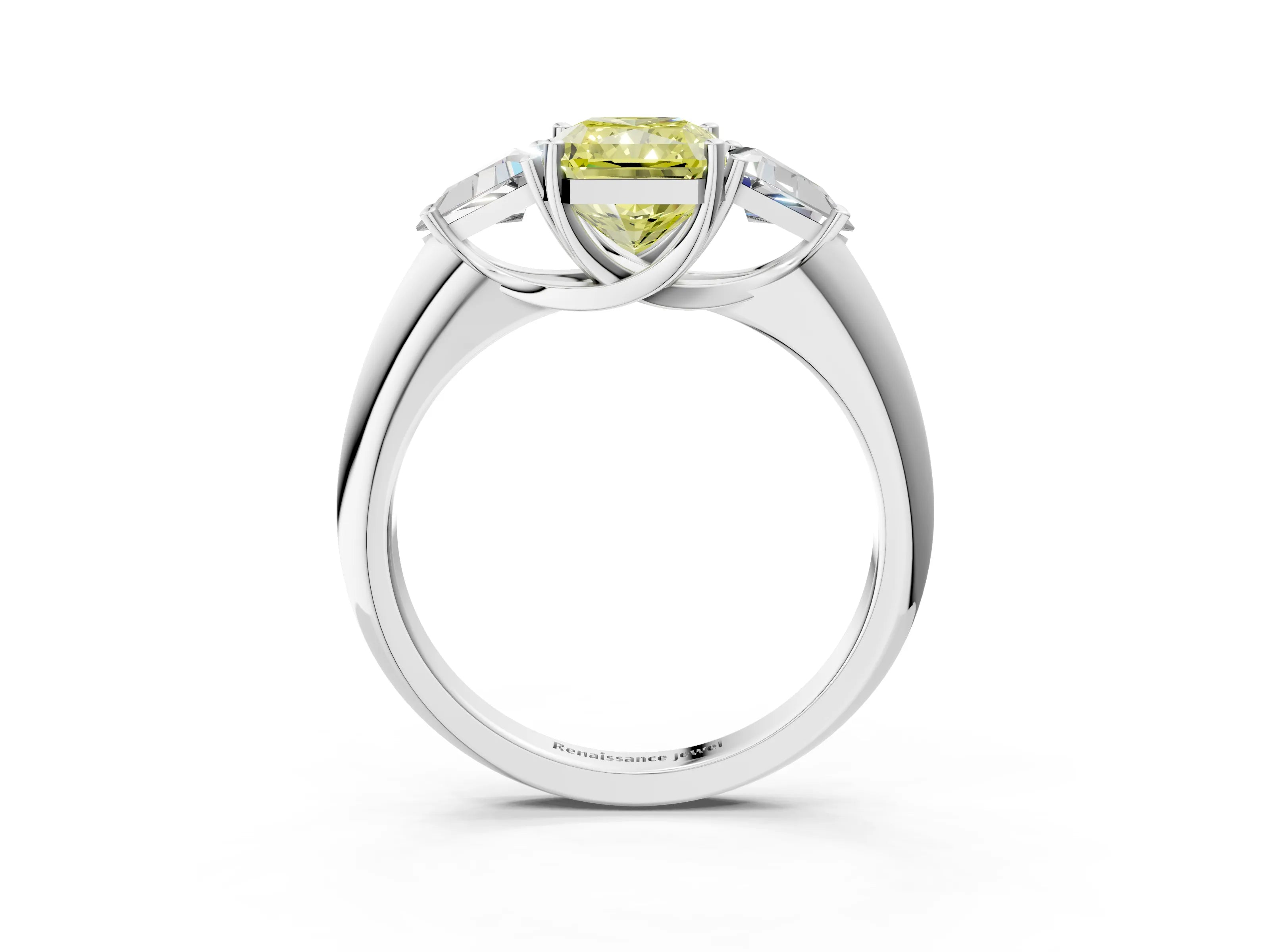 White gold Three-Stone Fancy Yellow Radiant Cut Cut Diamond Ring with Trillion Side Stones and Four-Prong Setting_14