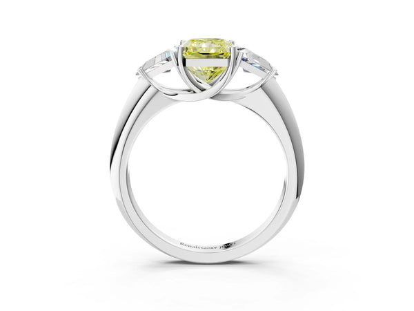 Platinum Three-Stone Fancy Yellow Radiant Cut Cut Diamond Ring with Trillion Side Stones and Four-Prong Setting