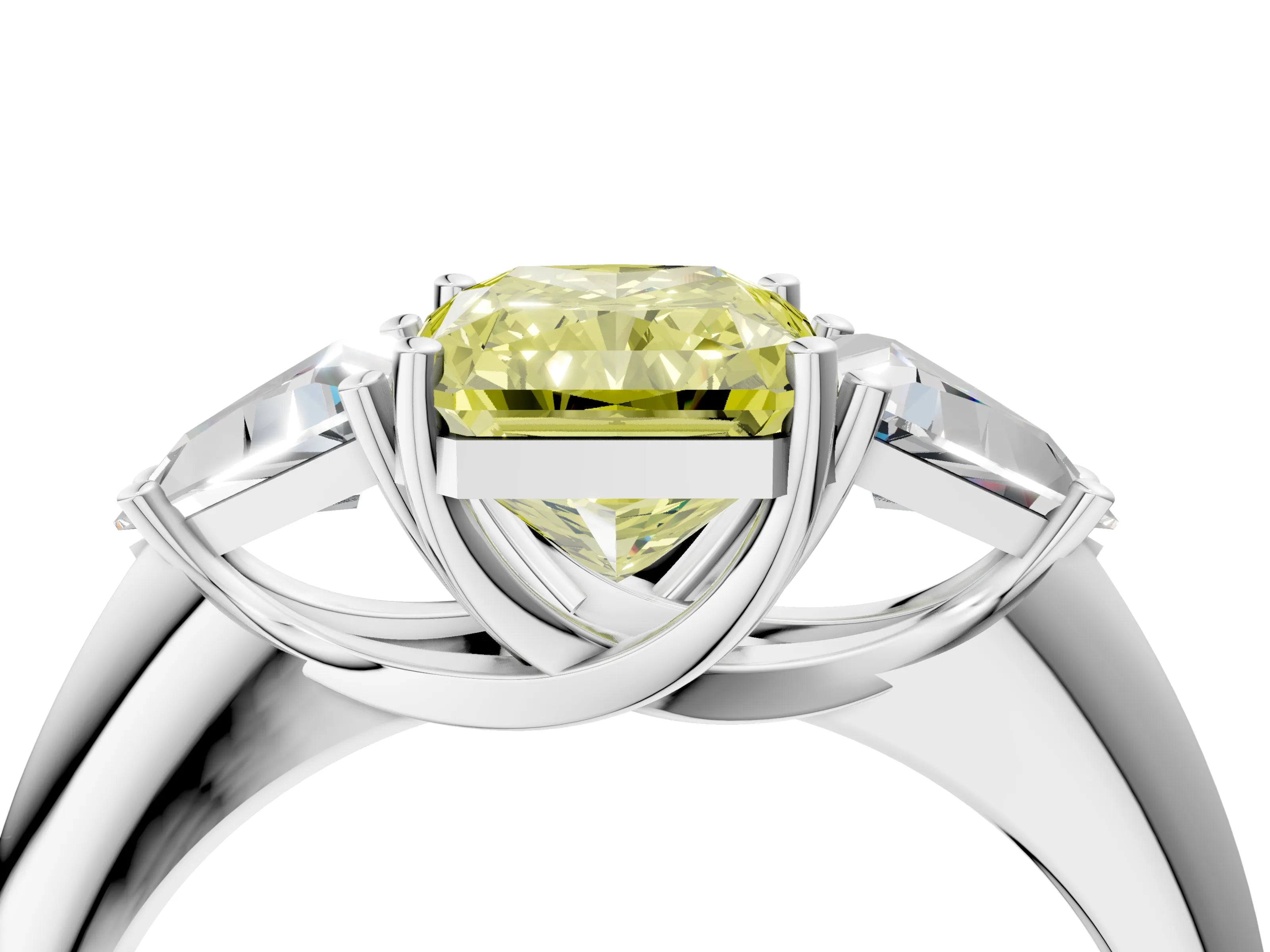 White gold Three-Stone Fancy Yellow Radiant Cut Cut Diamond Ring with Trillion Side Stones and Four-Prong Setting_15