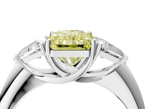 White gold Three-Stone Fancy Yellow Radiant Cut Cut Diamond Ring with Trillion Side Stones and Four-Prong Setting_15