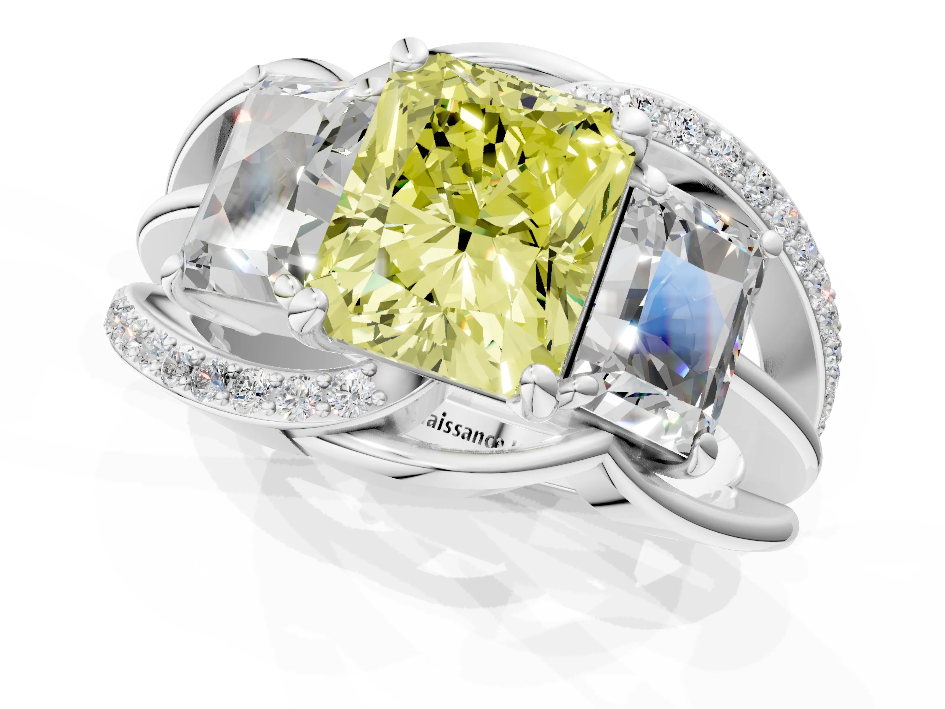 White gold Three-Stone Fancy Yellow Radiant Cut Cut Diamond Split Shank Prong Set Ring_1