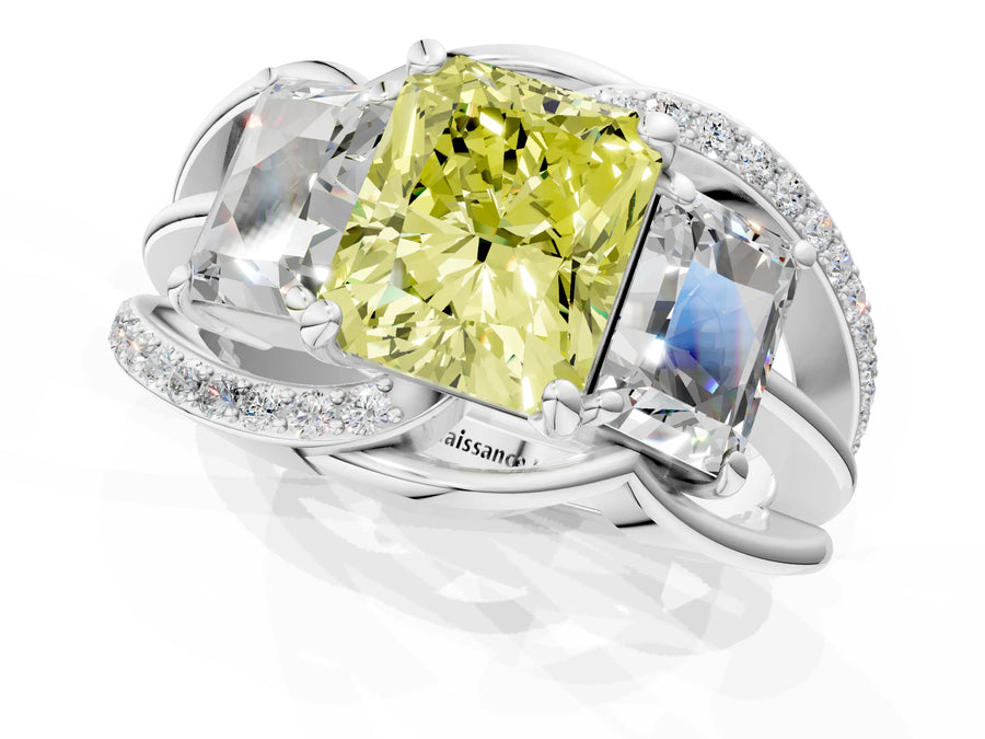 White gold Three-Stone Fancy Yellow Radiant Cut Cut Diamond Split Shank Prong Set Ring