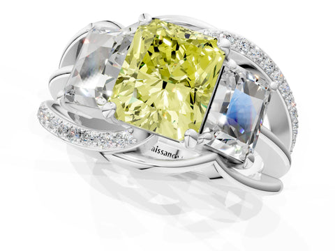White gold Three-Stone Fancy Yellow Radiant Cut Cut Diamond Split Shank Prong Set Ring_1