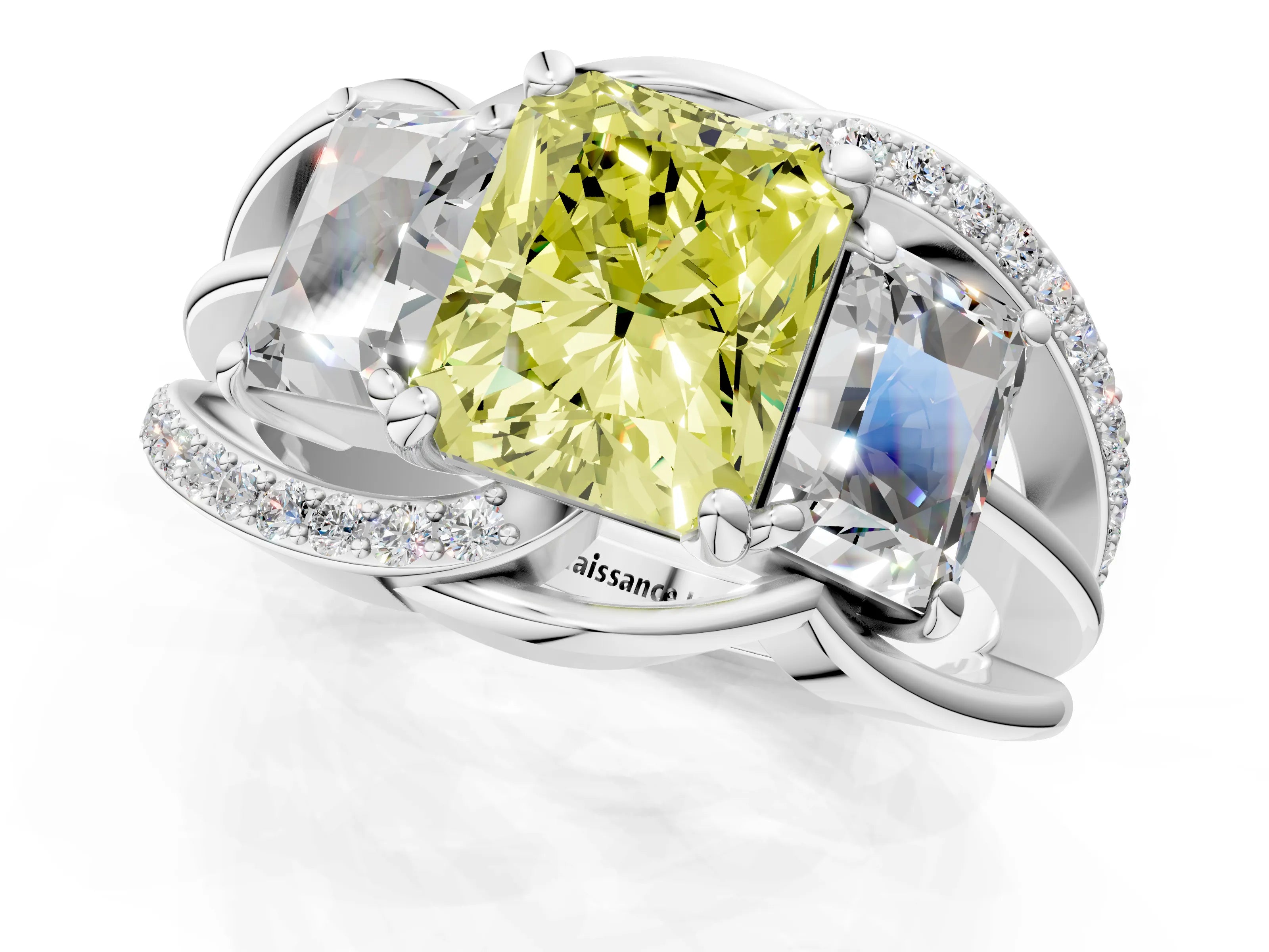 White gold Three-Stone Fancy Yellow Radiant Cut Cut Diamond Split Shank Prong Set Ring_25