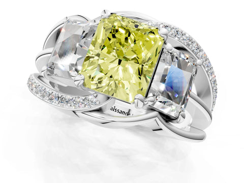 White gold Three-Stone Fancy Yellow Radiant Cut Cut Diamond Split Shank Prong Set Ring_25