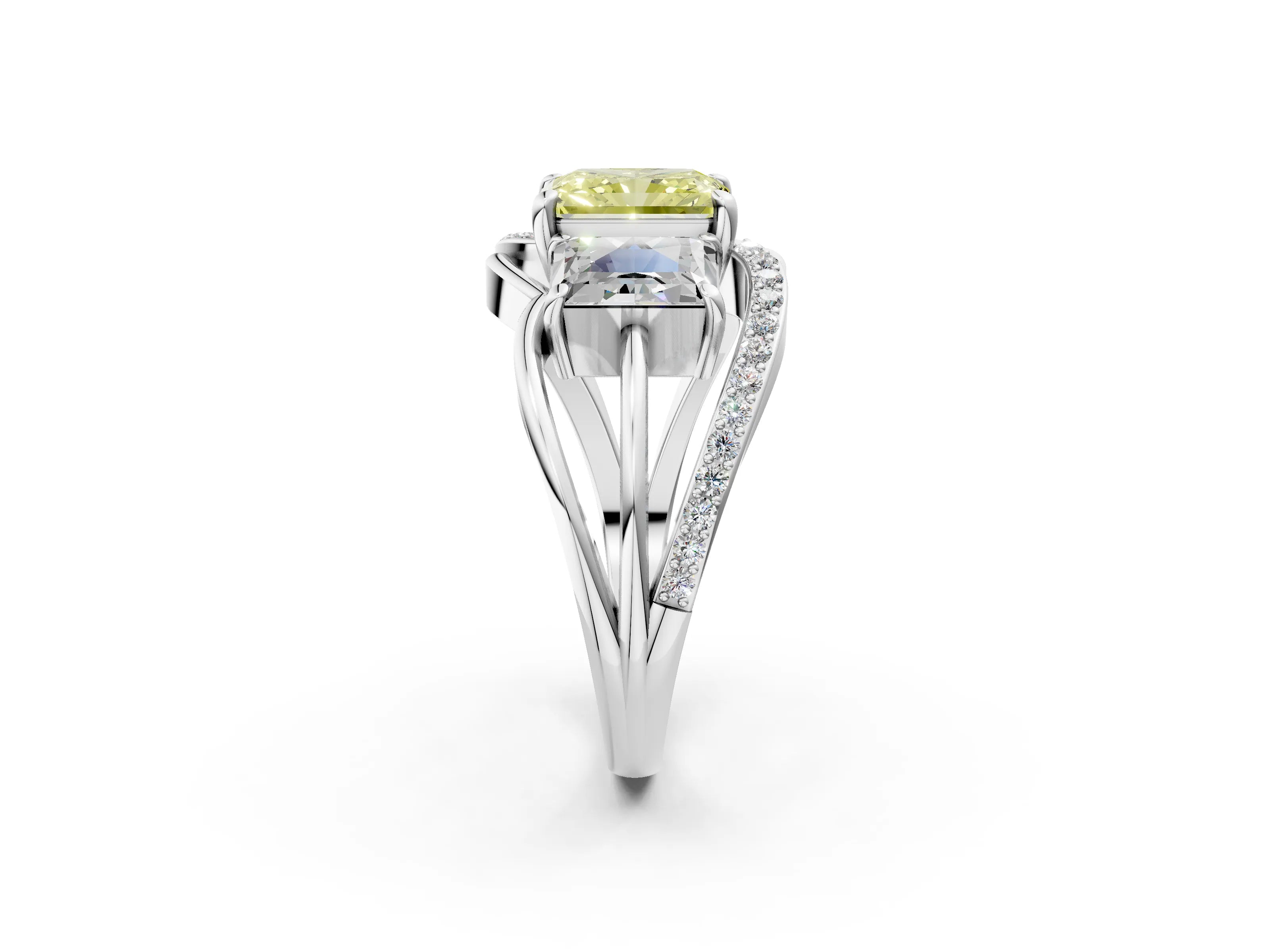 White gold Three-Stone Fancy Yellow Radiant Cut Cut Diamond Split Shank Prong Set Ring_26