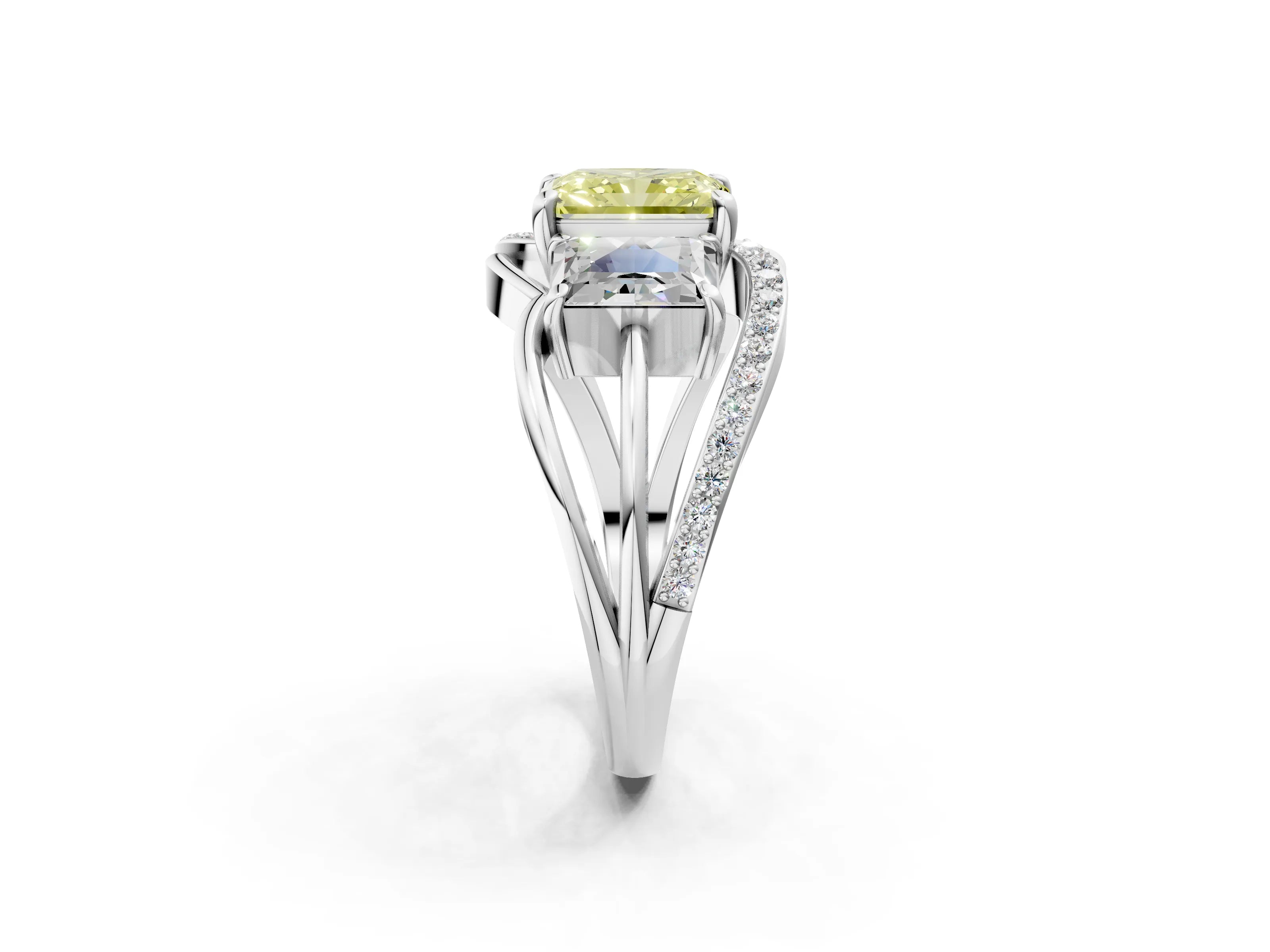 White gold Three-Stone Fancy Yellow Radiant Cut Cut Diamond Split Shank Prong Set Ring_2