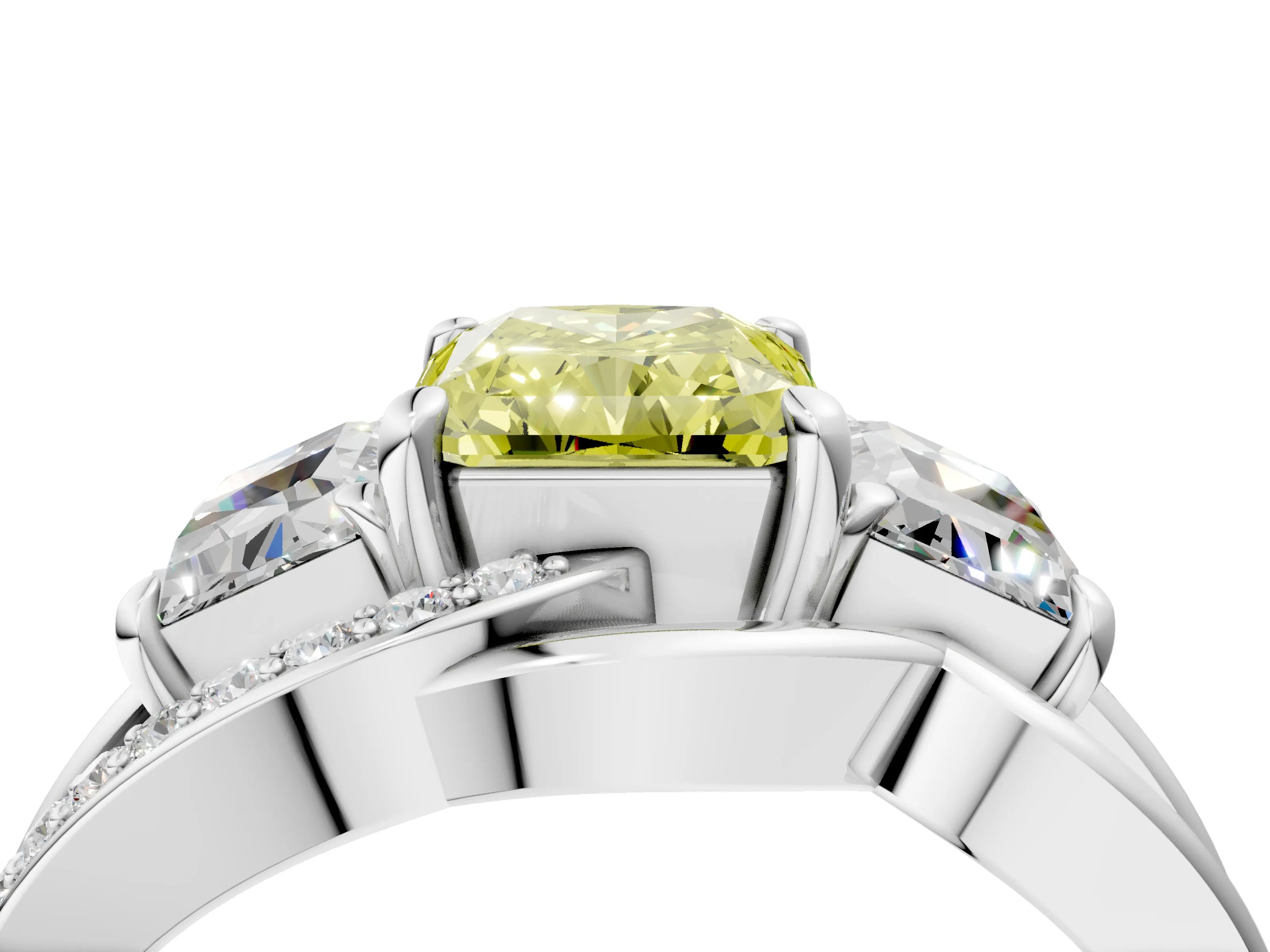 White gold Three-Stone Fancy Yellow Radiant Cut Cut Diamond Split Shank Prong Set Ring_4