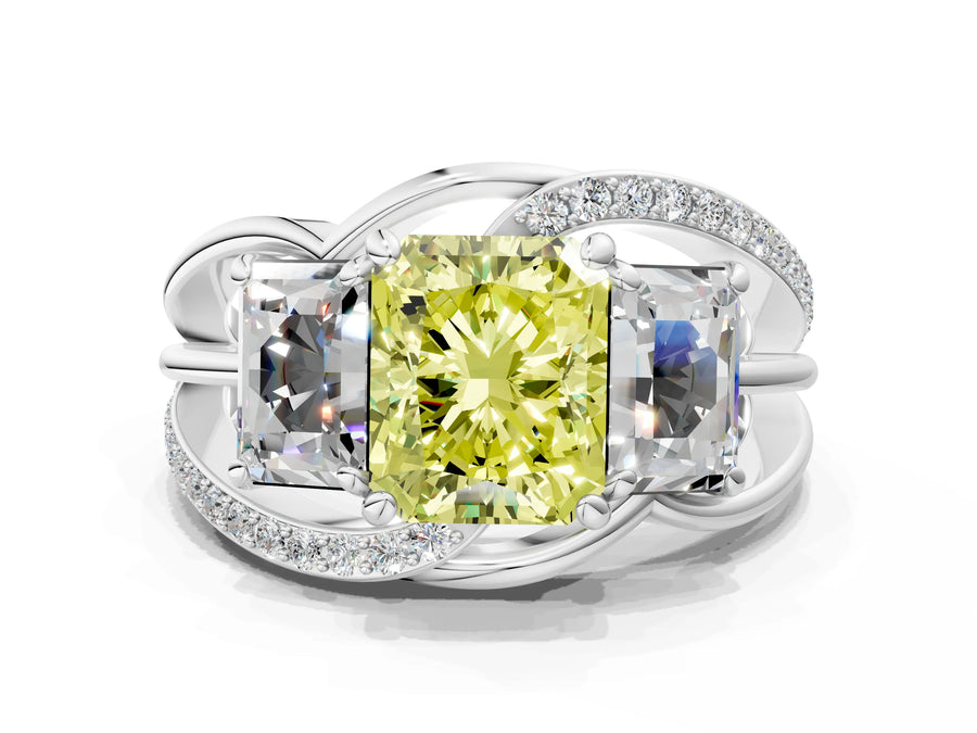 White gold Three-Stone Fancy Yellow Radiant Cut Cut Diamond Split Shank Prong Set Ring