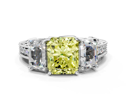 White gold Three-Stone Fancy Yellow Radiant Cut Cut Milgrain Pavé Engagement Ring_12