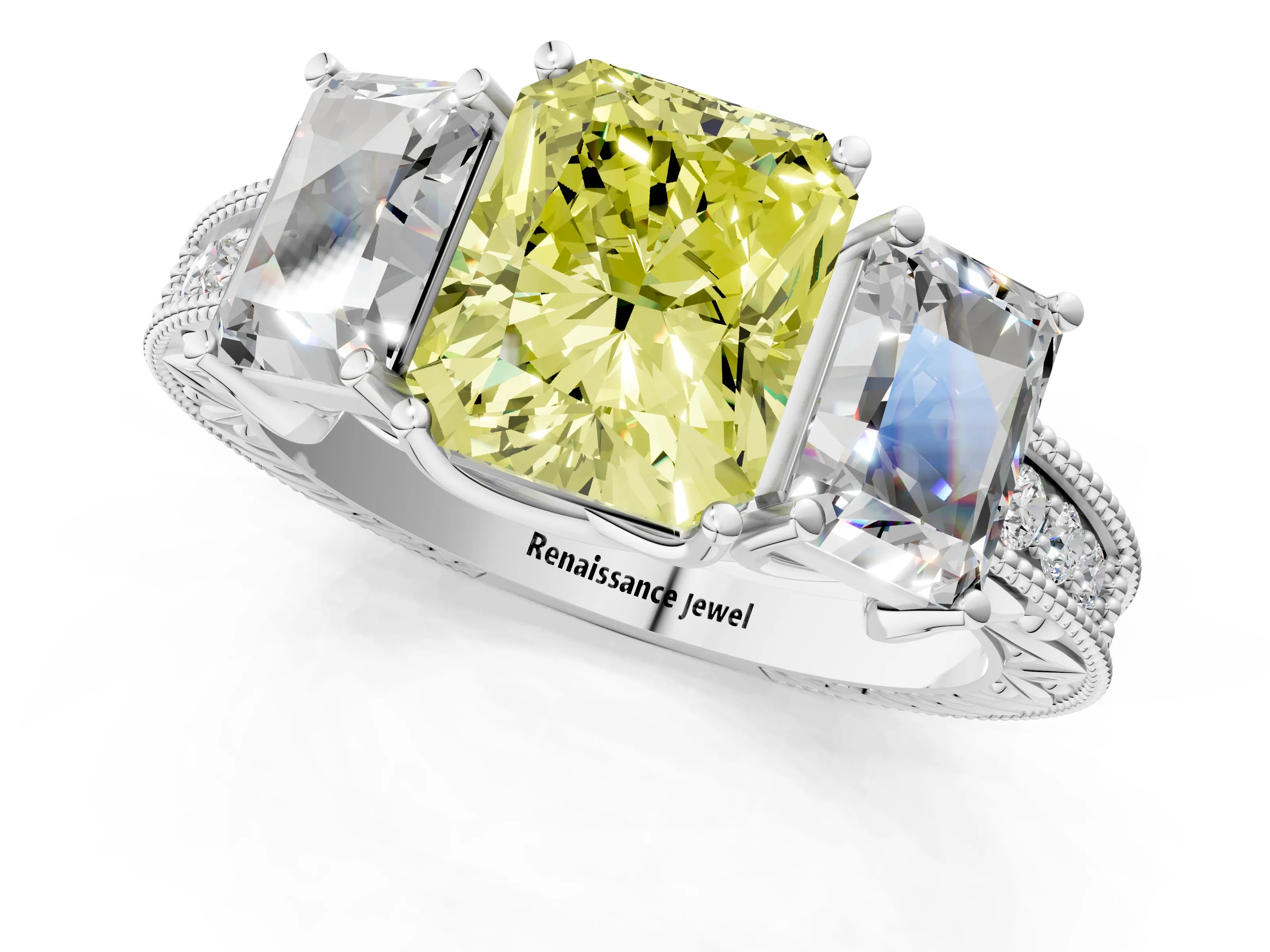 White gold Three-Stone Fancy Yellow Radiant Cut Cut Milgrain Pavé Engagement Ring_13