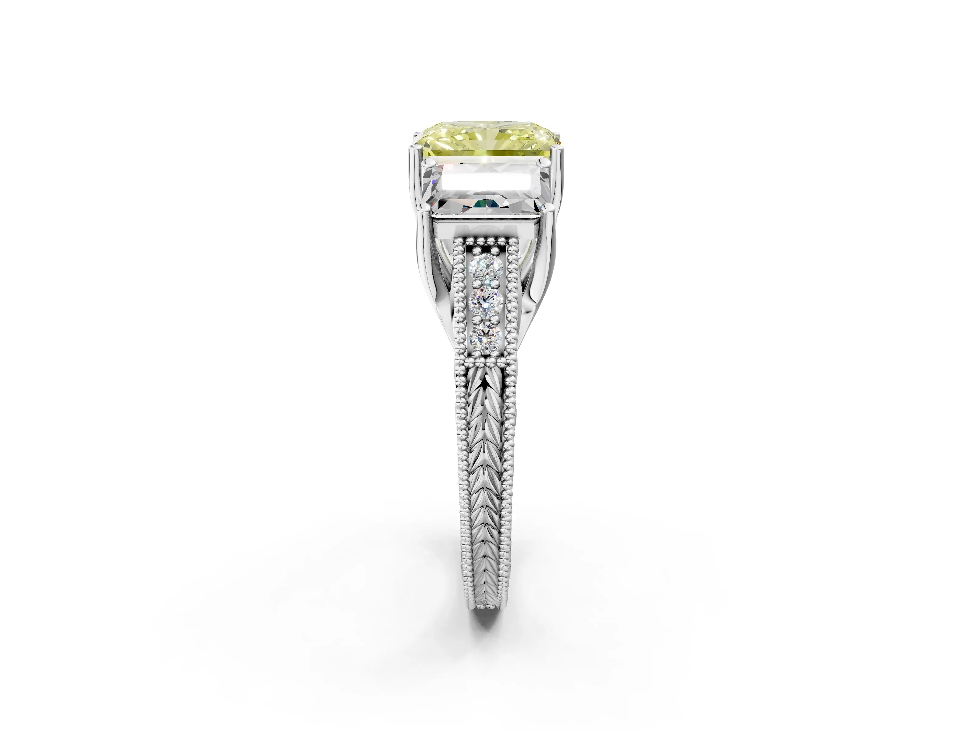 White gold Three-Stone Fancy Yellow Radiant Cut Cut Milgrain Pavé Engagement Ring_14