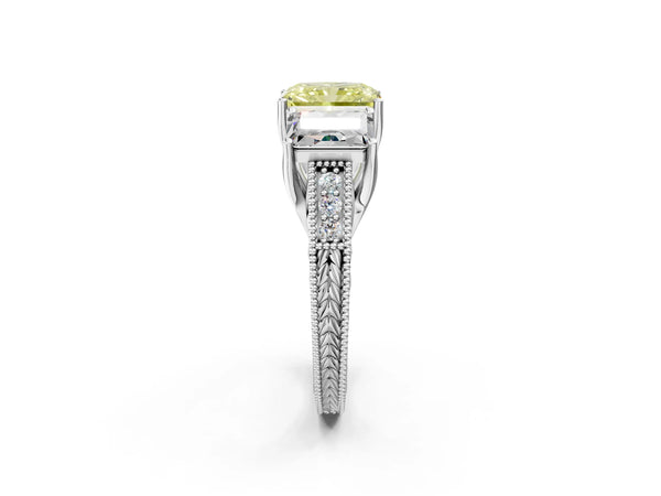 Platinum Three-Stone Fancy Yellow Radiant Cut Cut Milgrain Pavé Engagement Ring