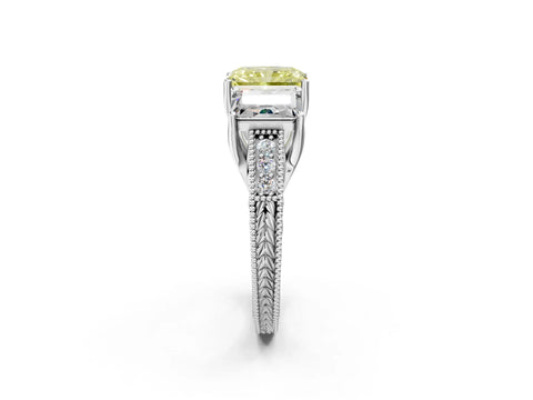 White gold Three-Stone Fancy Yellow Radiant Cut Cut Milgrain Pavé Engagement Ring_14