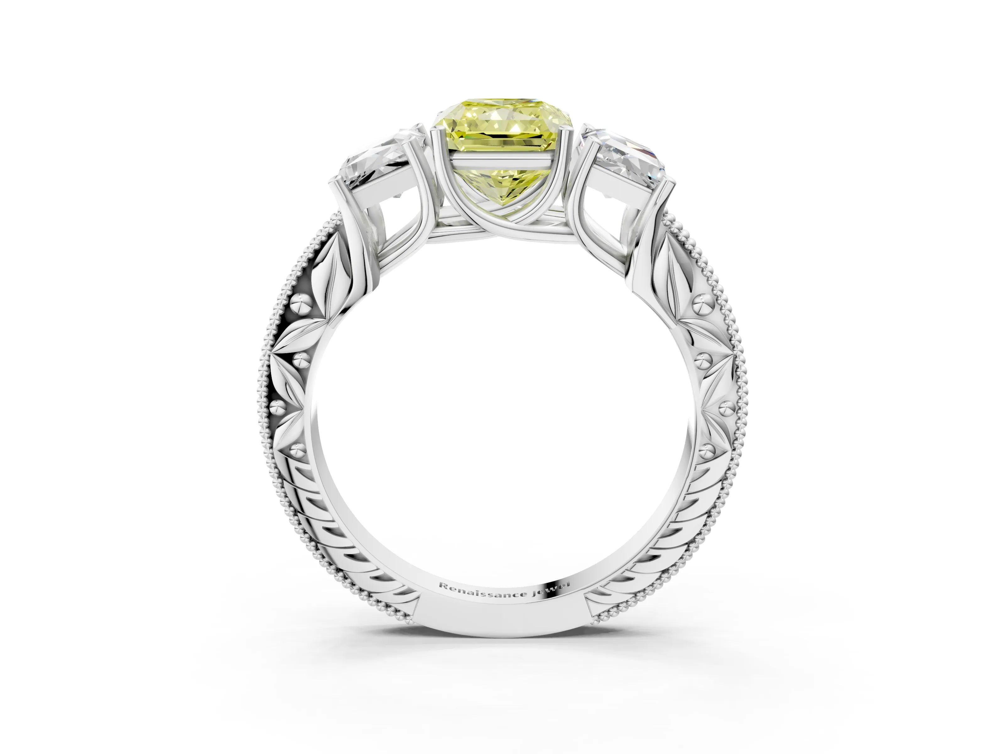 White gold Three-Stone Fancy Yellow Radiant Cut Cut Milgrain Pavé Engagement Ring_15