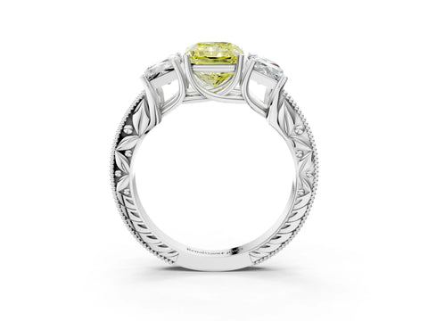 White gold Three-Stone Fancy Yellow Radiant Cut Cut Milgrain Pavé Engagement Ring_15