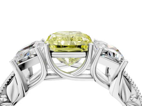 White gold Three-Stone Fancy Yellow Radiant Cut Cut Milgrain Pavé Engagement Ring_16