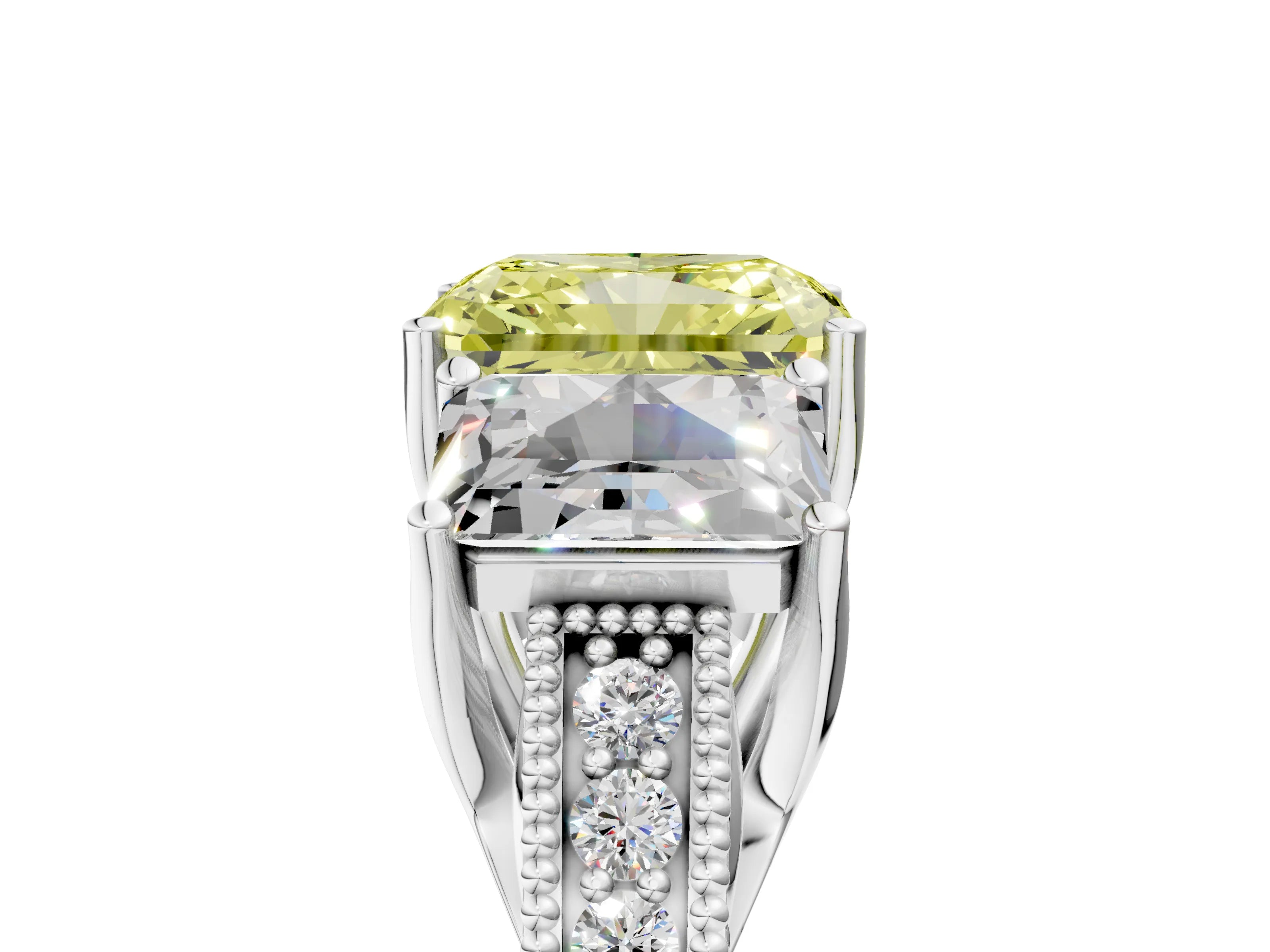 White gold Three-Stone Fancy Yellow Radiant Cut Cut Milgrain Pavé Engagement Ring_17