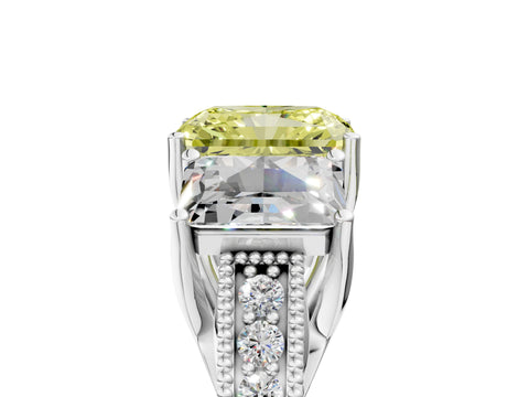 White gold Three-Stone Fancy Yellow Radiant Cut Cut Milgrain Pavé Engagement Ring_17