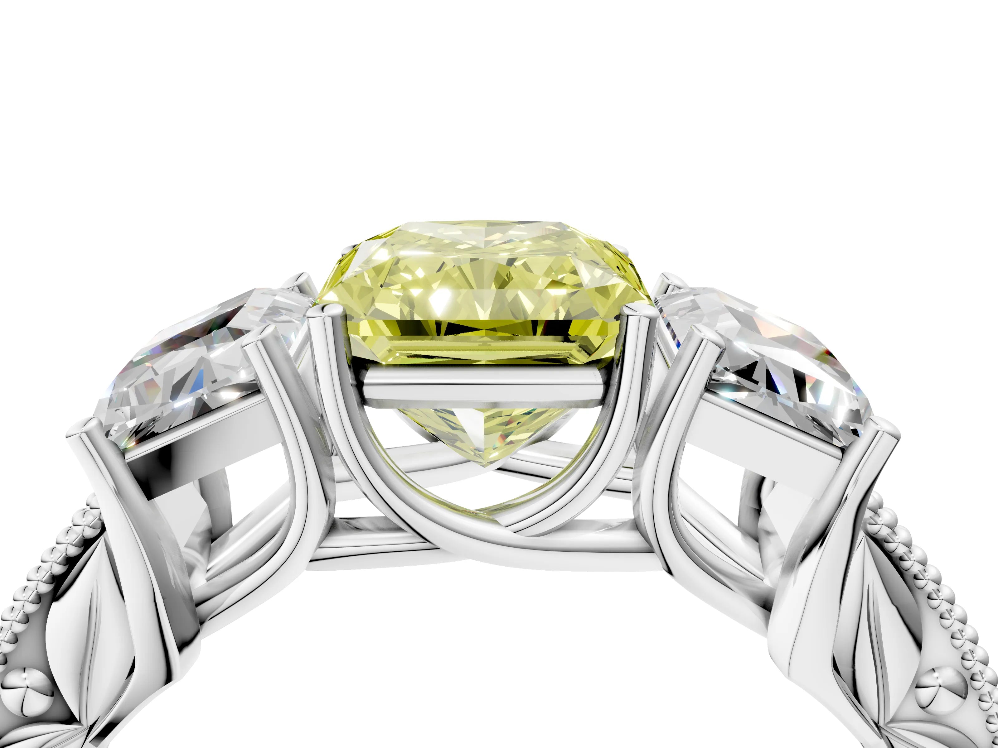 White gold Three-Stone Fancy Yellow Radiant Cut Cut Milgrain Pavé Engagement Ring_4